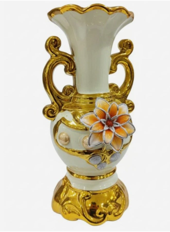 AKDC Luxury Ceramic Flower Vase – Elegant White with Gold Finish and Floral Embellishment, 25.5 cm - Image 3